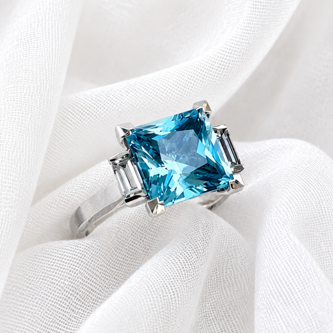 Princess Cut Blue Topaz and Diamond Ring