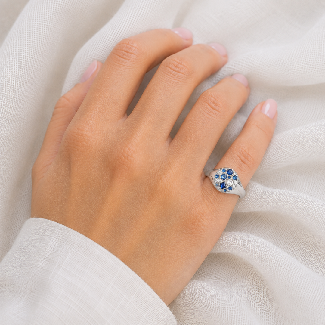 Blue Sapphire and Diamond Signet Ring